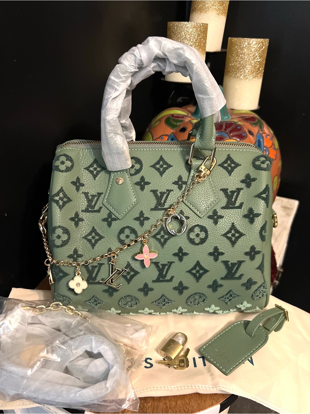 FASHION DESIGNER SAGE GREEN Monogram Satchel-NWOT - Picture 3 of 13